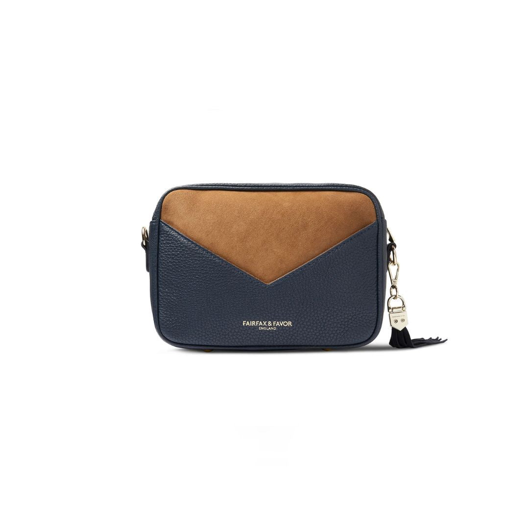 Fairfax & Favor Finsbury Crossbody Suede Handbag in Tan & Navy