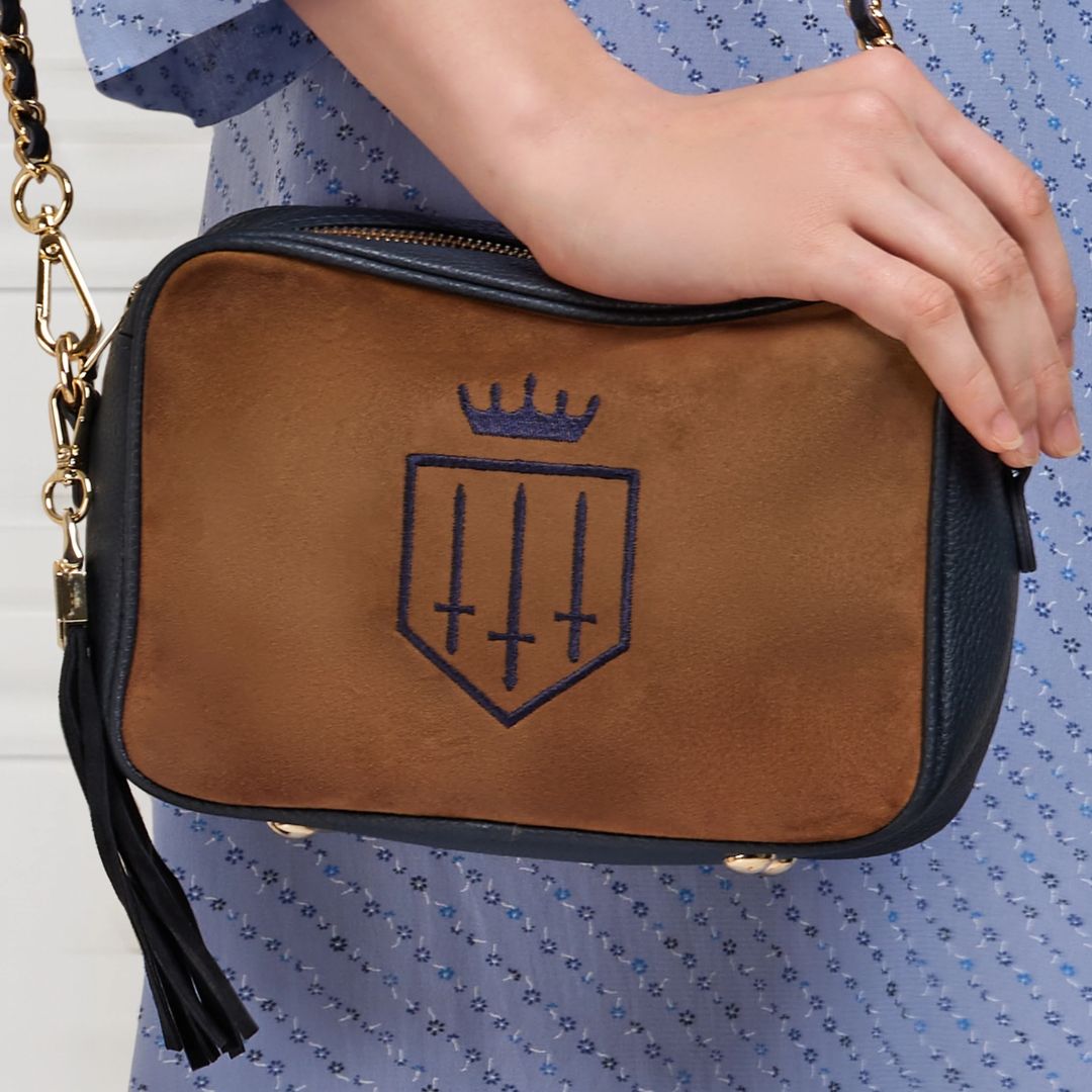 Fairfax & Favor Finsbury Crossbody Suede Handbag in Tan & Navy