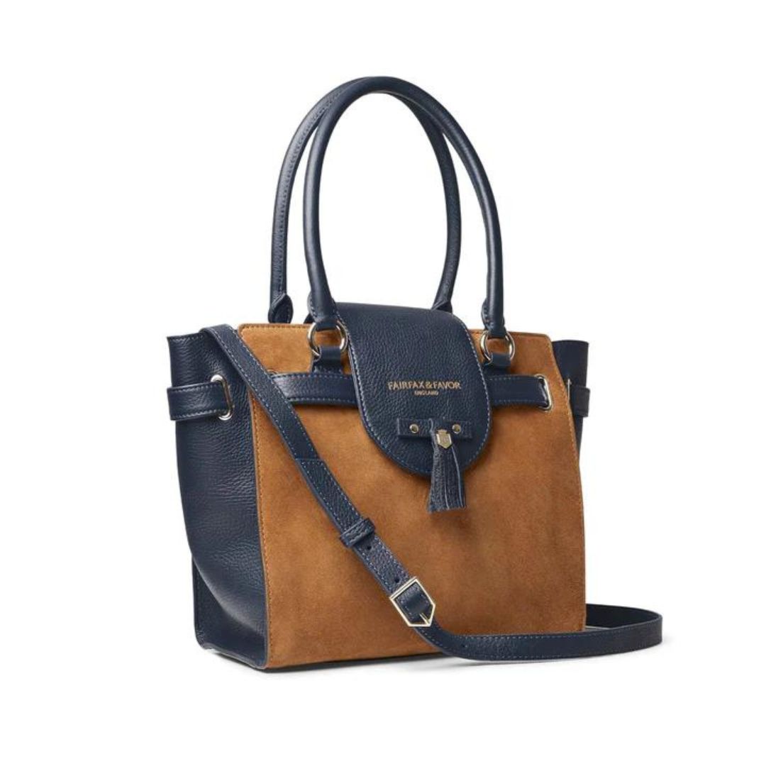 Fairfax & Favor Windsor Suede Tote Handbag in Tan & Navy