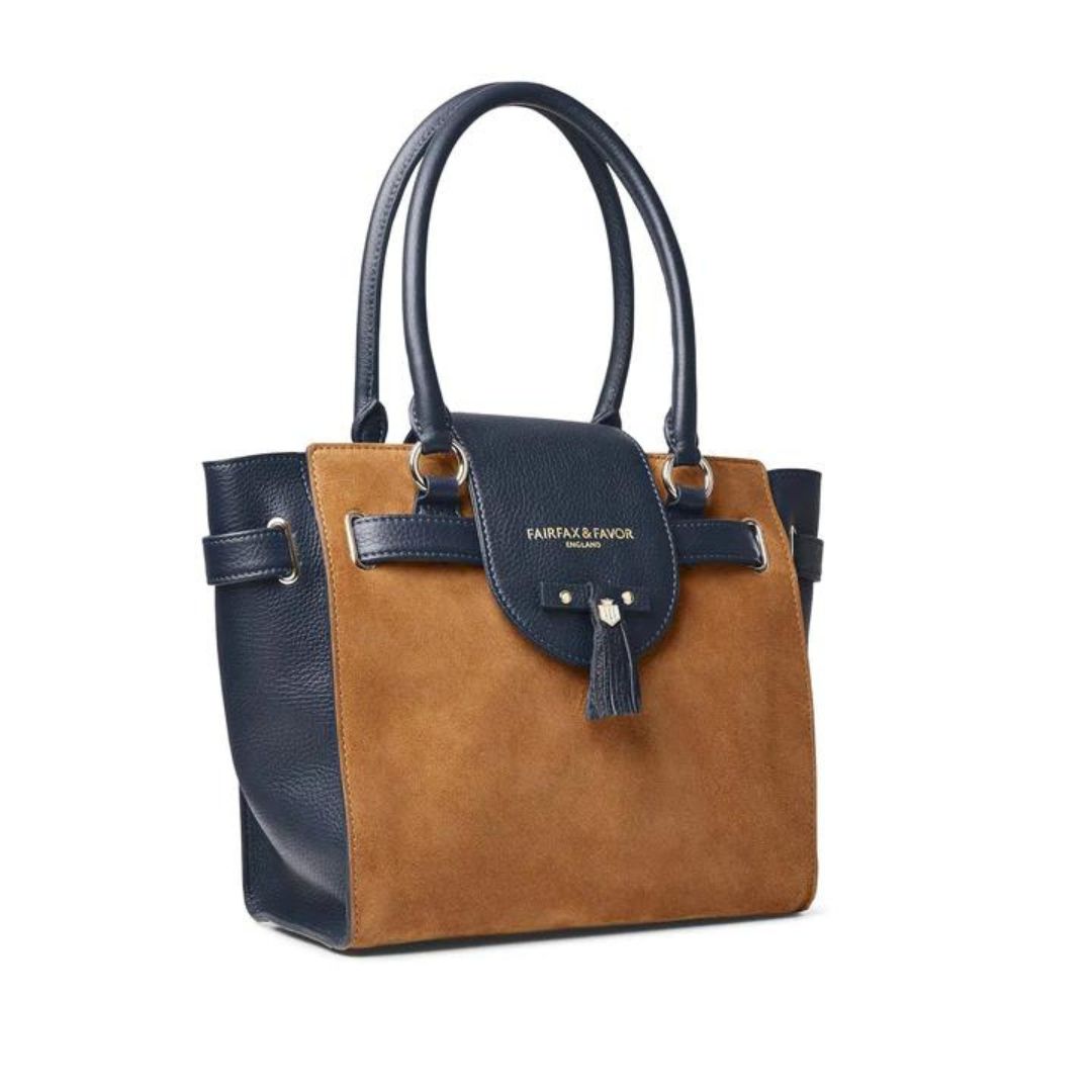 Fairfax & Favor Windsor Suede Tote Handbag in Tan & Navy