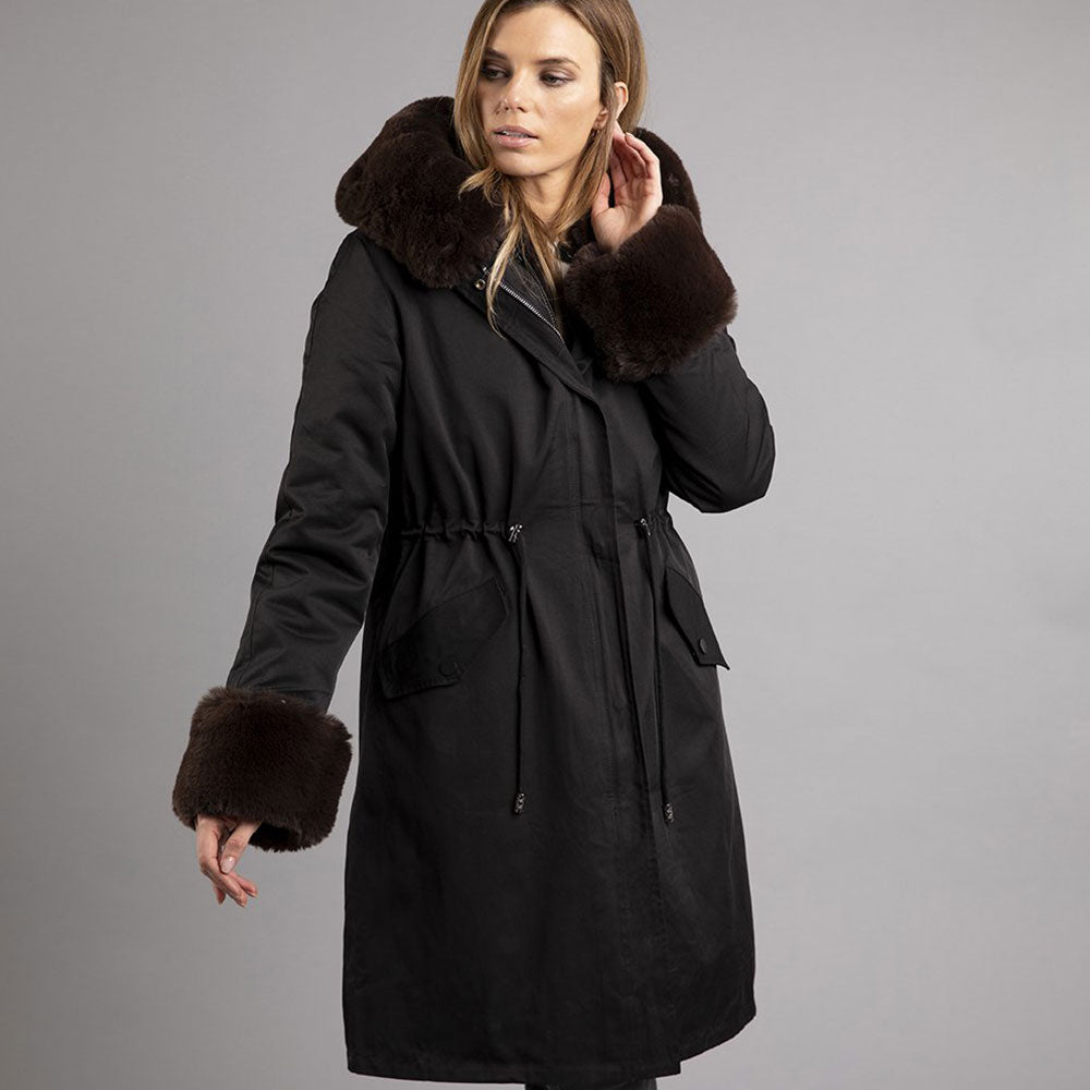 Fox London Women's Faux Fur Long Parka in Black & Dark Brown