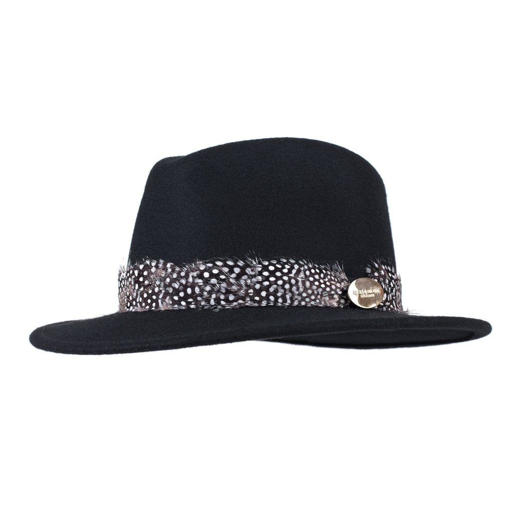 Hicks & Brown 'The Suffolk' Fedora in Black (Guinea Feather Wrap) - RedMillsStore.ie
