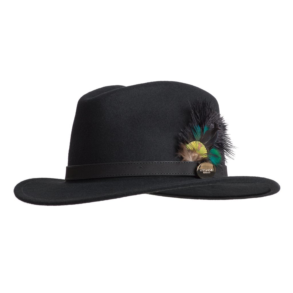 Hicks & Brown 'The Suffolk' Fedora in Black (Ostrich and Peacock Feather) - RedMillsStore.ie
