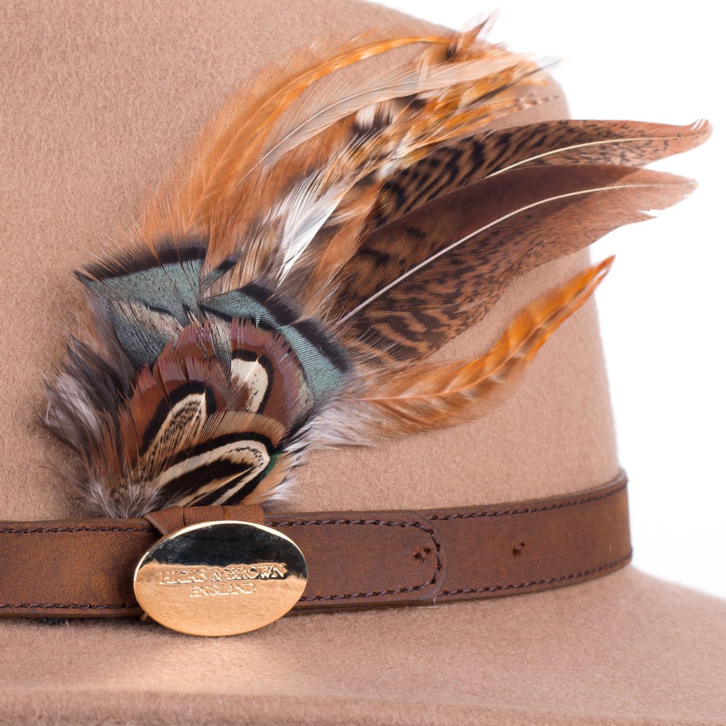 Hicks & Brown 'The Suffolk' Fedora in Camel (Gamebird Feather) - RedMillsStore.ie
