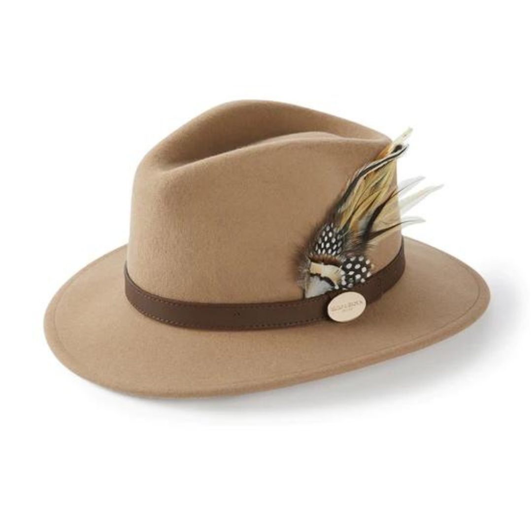 Hicks & Brown Suffolk Fedora in Camel with Guinea and Pheasant Feather