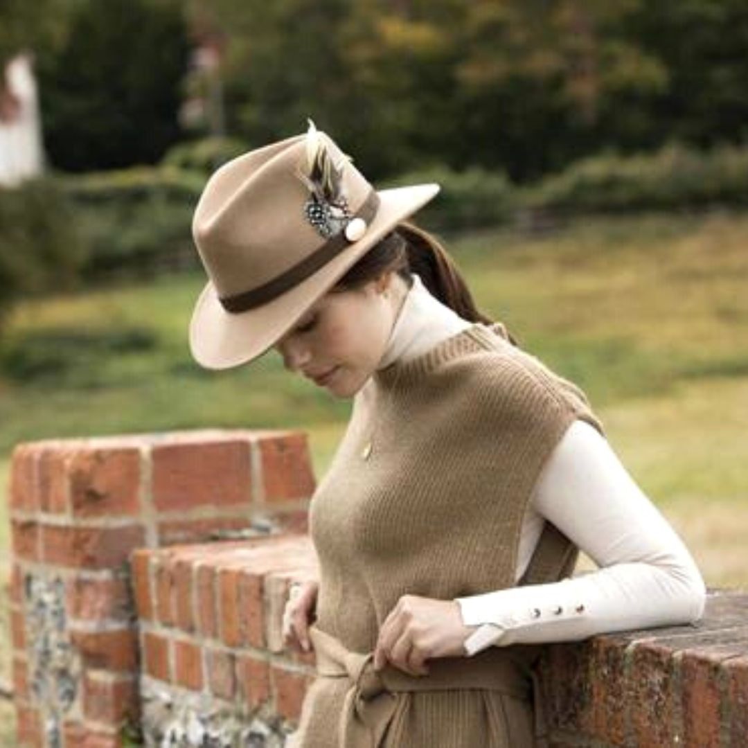 Hicks & Brown Suffolk Fedora in Camel with Guinea and Pheasant Feather