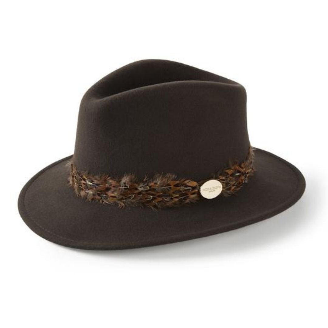 Hicks & Brown Suffolk Fedora in Dark Brown with Pheasant Feather Wrap