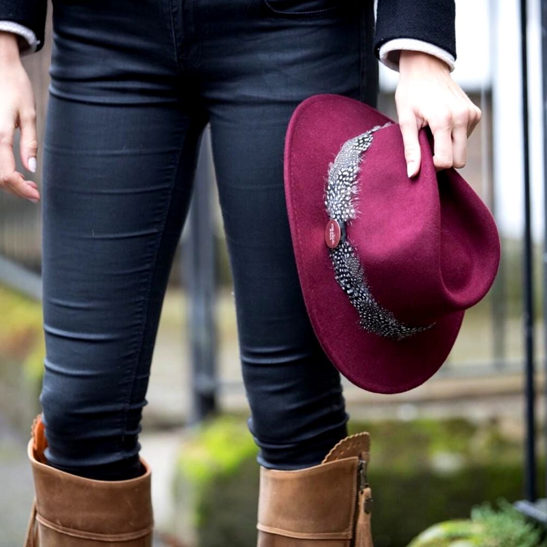 Hicks & Brown Suffolk Fedora in Maroon with Guinea Feather Wrap