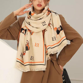 Cashmere Feel Scarf with Horse Print in Cream