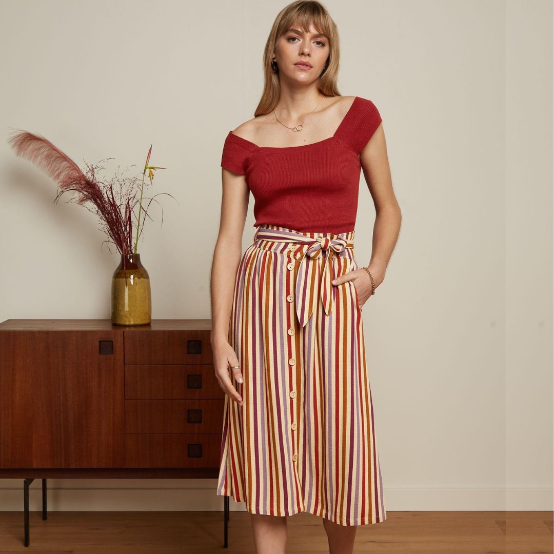 King Louie Women's Lola Button Skirt Cassava Stripe in Marzipan