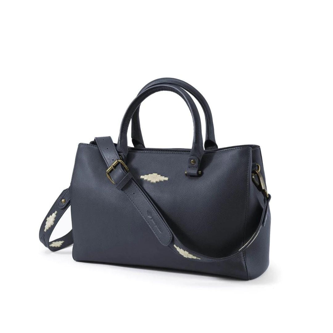 Pampeano Diversa Satchel Bag in Navy Leather with Cream Stitching