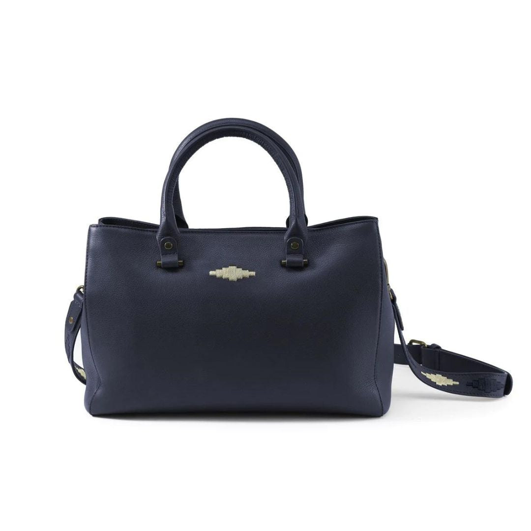 Pampeano Diversa Satchel Bag in Navy Leather with Cream Stitching