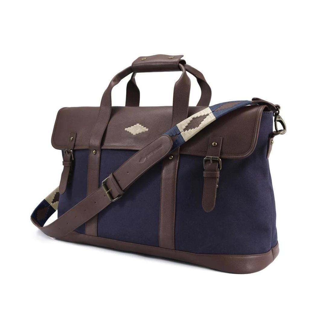 Pampeano Escapada Holdall Travel Bag in Brown Leather and Navy with Cream Stitching