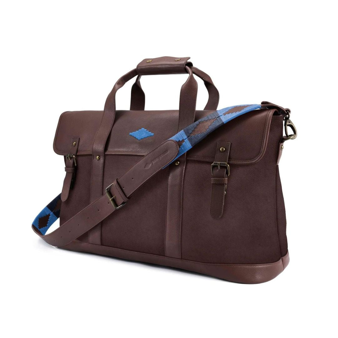 Pampeano Escapada Holdall Travel Bag in Brown Leather with Blue & Navy Stitching