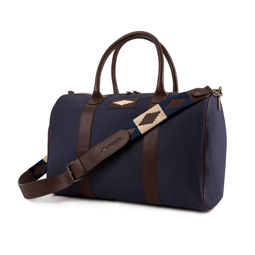 Pampeano Varon Small Travel Bag - Brown Leather and Navy Canvas with Cream Stitching