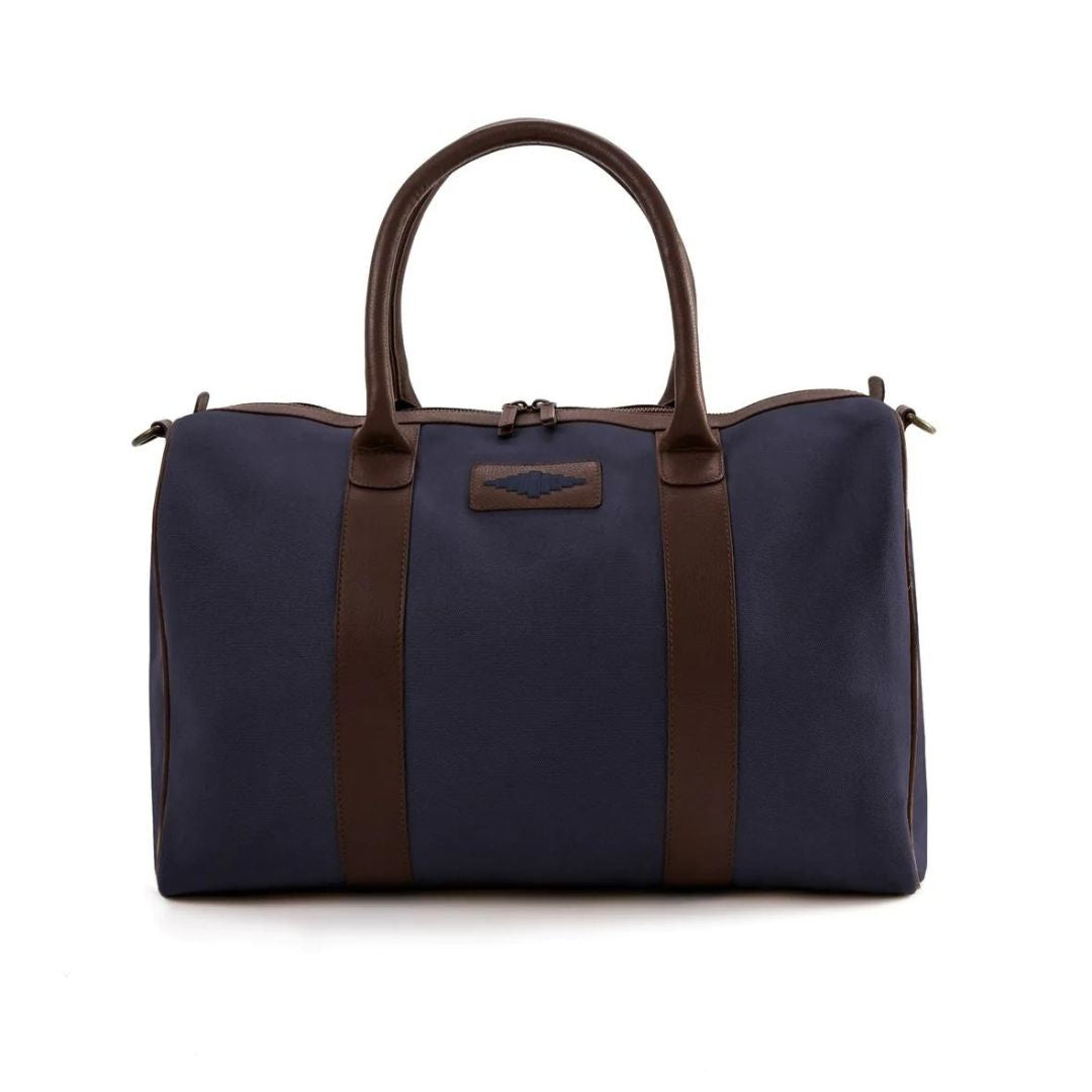 Pampeano Varon Small Travel Bag - Brown Leather and Navy Canvas with Navy Stitching