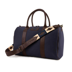 Pampeano Varon Small Travel Bag - Brown Leather and Navy Canvas with Navy Stitching
