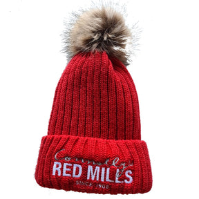 Red Mills Fur Pom Chunky Knit Bobble Hat in Red