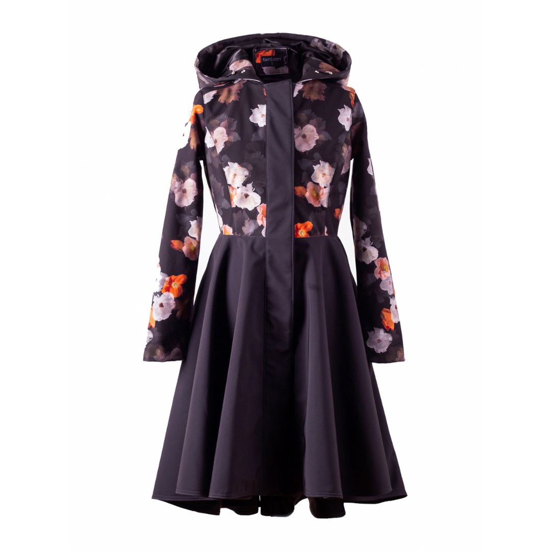 RainSisters Women's Dark Anemone Flared Coat with Hood in Black