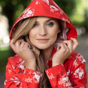 RainSisters Women's Hooded Swing Coat in Red Sun