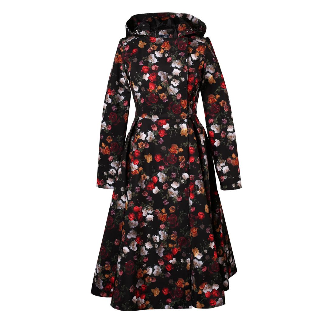 RainSisters Women's Rose Garden Long Double Breasted Peacoat in Black