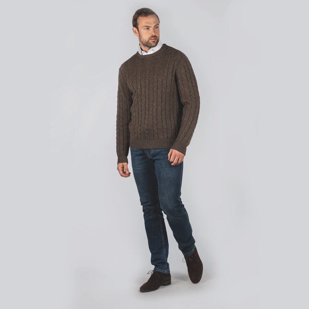Schoffel Men's Lambswool Chunky Cable Crew Jumper in Mocha