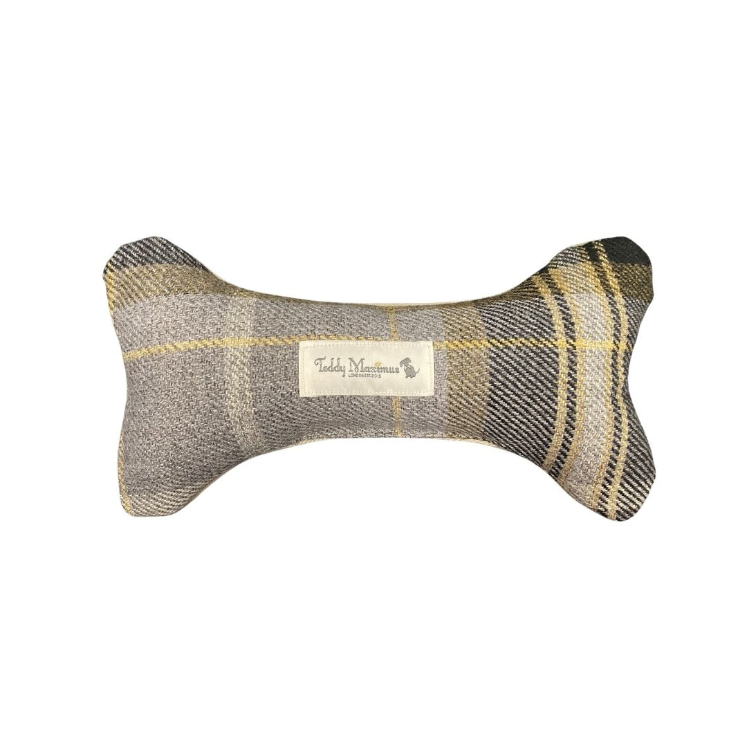 Teddy Maximus Belgravia Dog Bone Toy in Black/Mustard Plaid