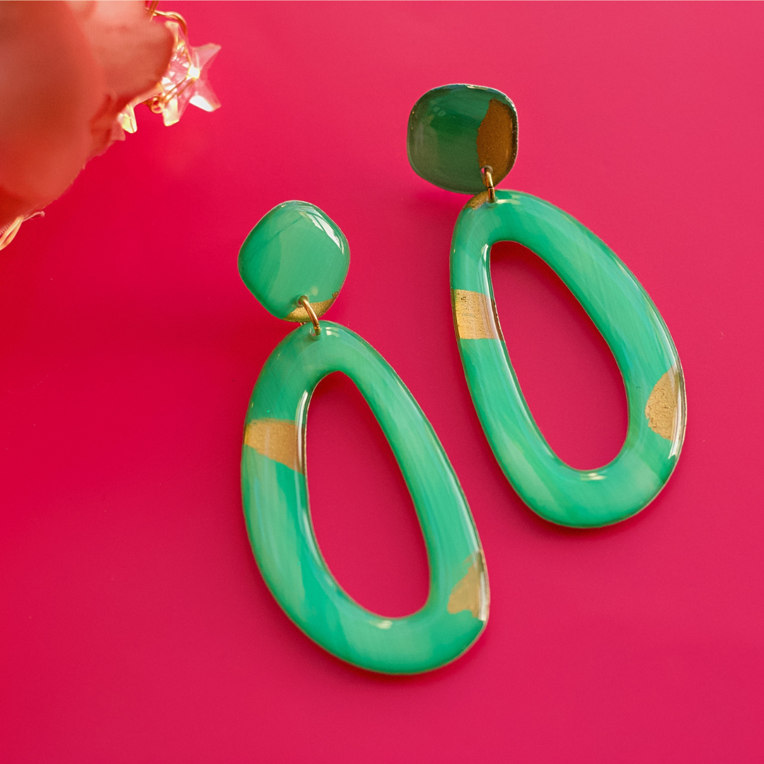 Naoi Statement Earrings in Green and Gold (2)
