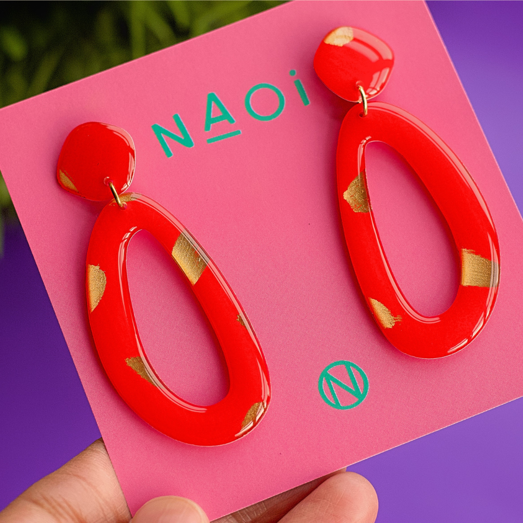 Naoi Statement Earrings in Red and Gold (2)